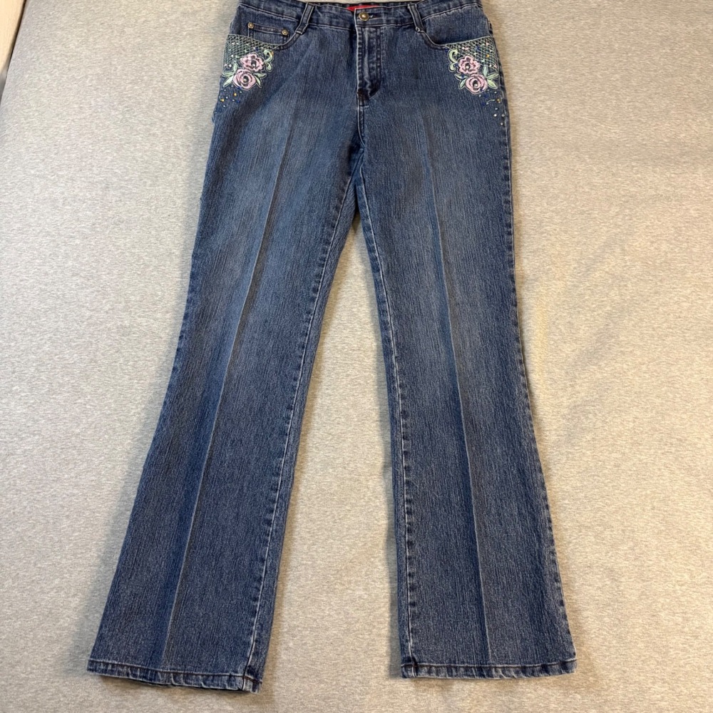 Cosmopolitan Jeanswear Embroidered Flare Jeans Medium Wash Floral Rhinestone 10